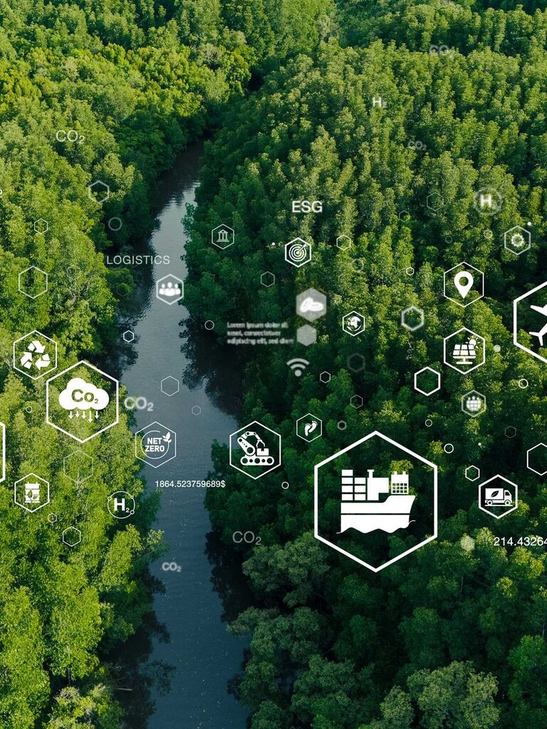 Aerial view of a green forest with a winding river, overlaid with icons representing sustainability, nature, and environmental impact